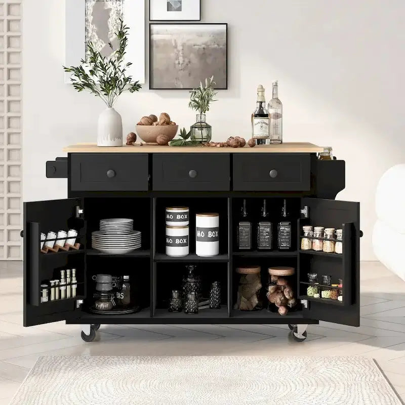 Mobile Kitchen Island on Casters  5-Wheel Design with Cabinet & Triple Drawers