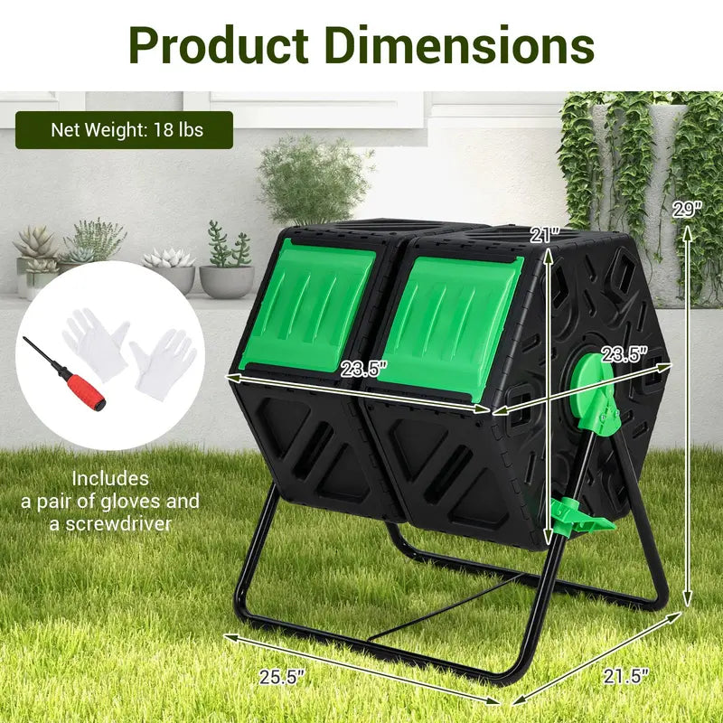 Dual-Chamber Compost Tumbler, 34.5-Gallon Rotating Bin with Independent Composting Compartments