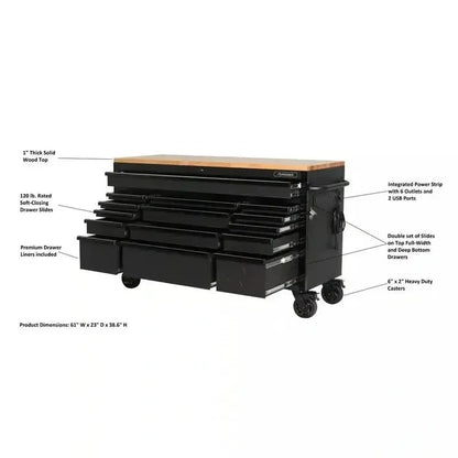 Premium 61″ Workshop Workbench  Heavy-Duty 15-Drawer Mobile Unit Featuring Solid Wood Worktop