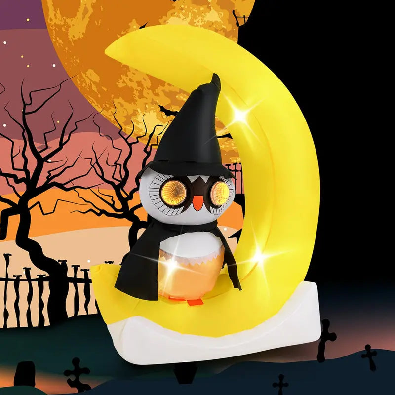 5.1 ft Pre-Lit Halloween Inflatable  Owl on the Moon Decor with Witch Hat & Integrated LED Lights