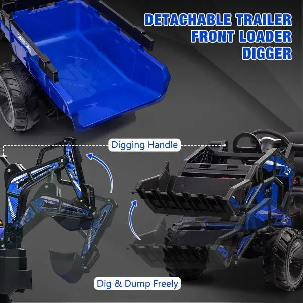 24V 3-in-1 Ride-On Tractor  Excavator & Bulldozer Functions, Remote Control, LED Lights, Bluetooth Audio (Blue)