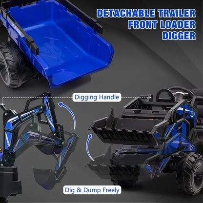 24V 3-in-1 Ride-On Tractor  Excavator & Bulldozer Functions, Remote Control, LED Lights, Bluetooth Audio (Blue)