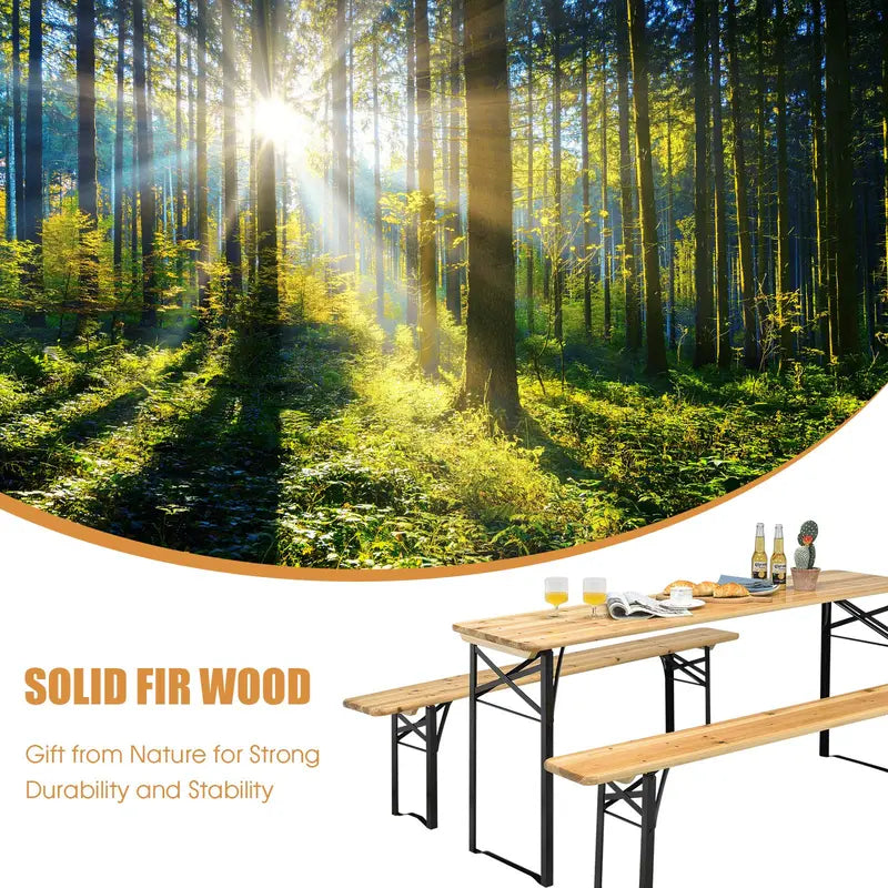 Three-Piece Folding Picnic Table and Bench Set with Wooden Top (70″ Total)