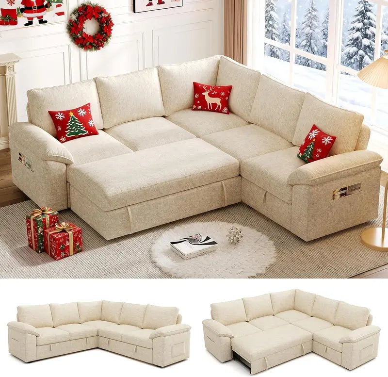 108-Inch U-Shaped Modular Sectional Sofa with Pull-Out Sleeper Bed and Customizable Layout