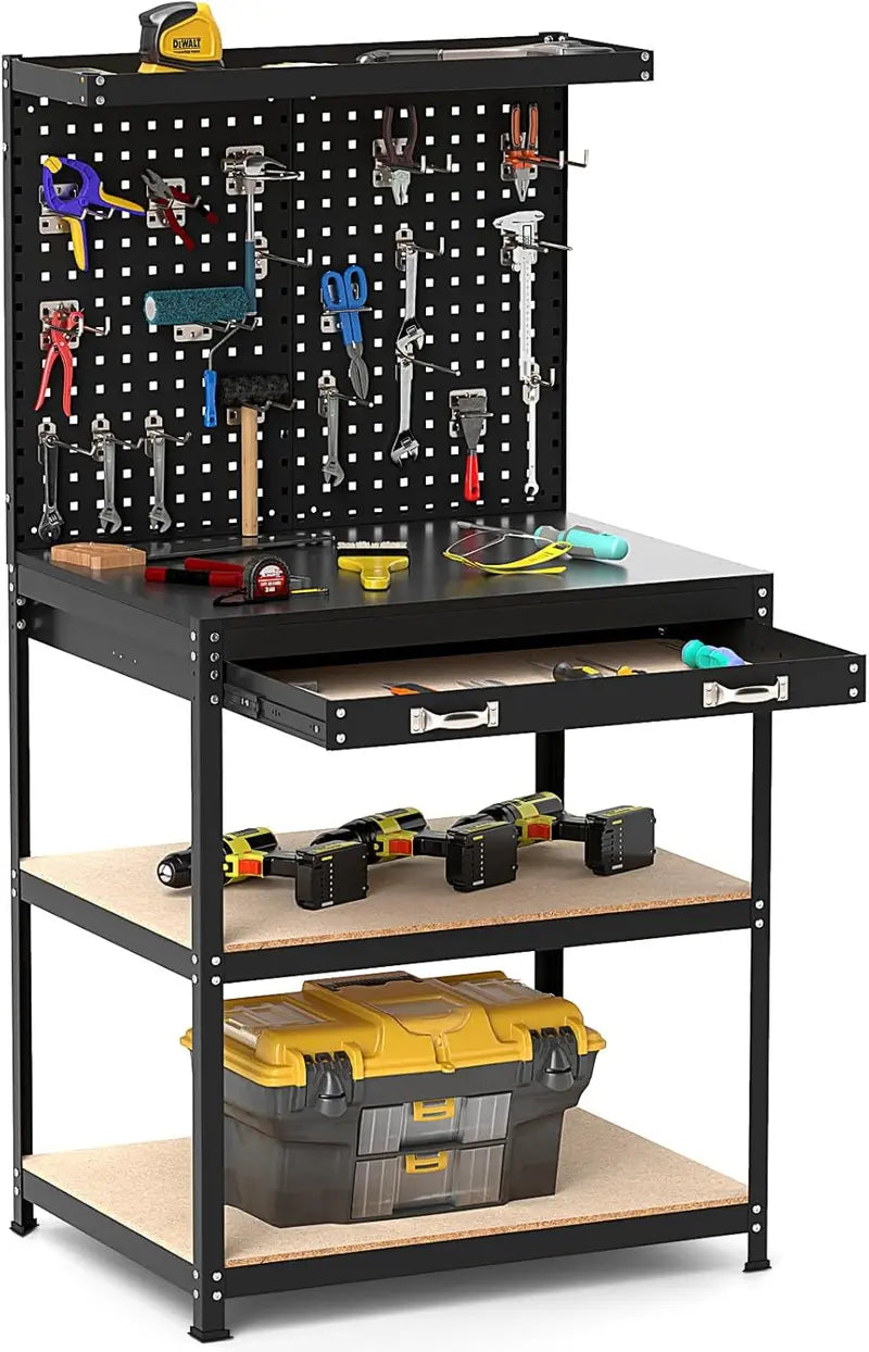 Compact 32″ x 16″ Workbench with Pegboard, Dual Shelves, and Worktop
