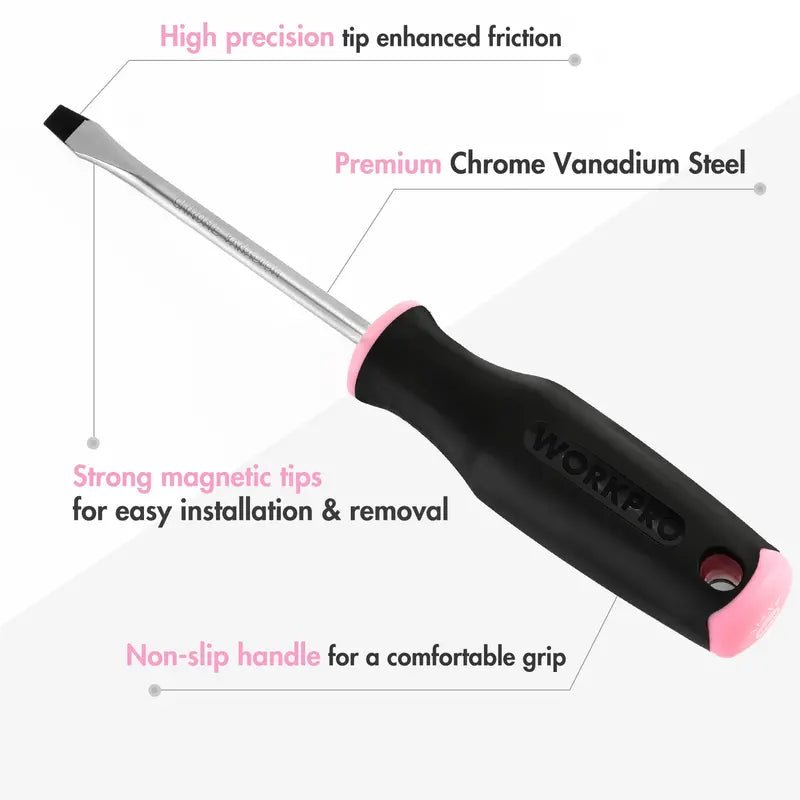 WORKPRO Pink Magnetic Screwdriver Set  6-Piece (3 Slotted + 3 Phillips), Ergonomic Stubby Design, Cr-V Shafts