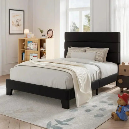 Allewie King Platform Bed Frame  Velvet-Upholstered Headboard with Solid Wood Slats