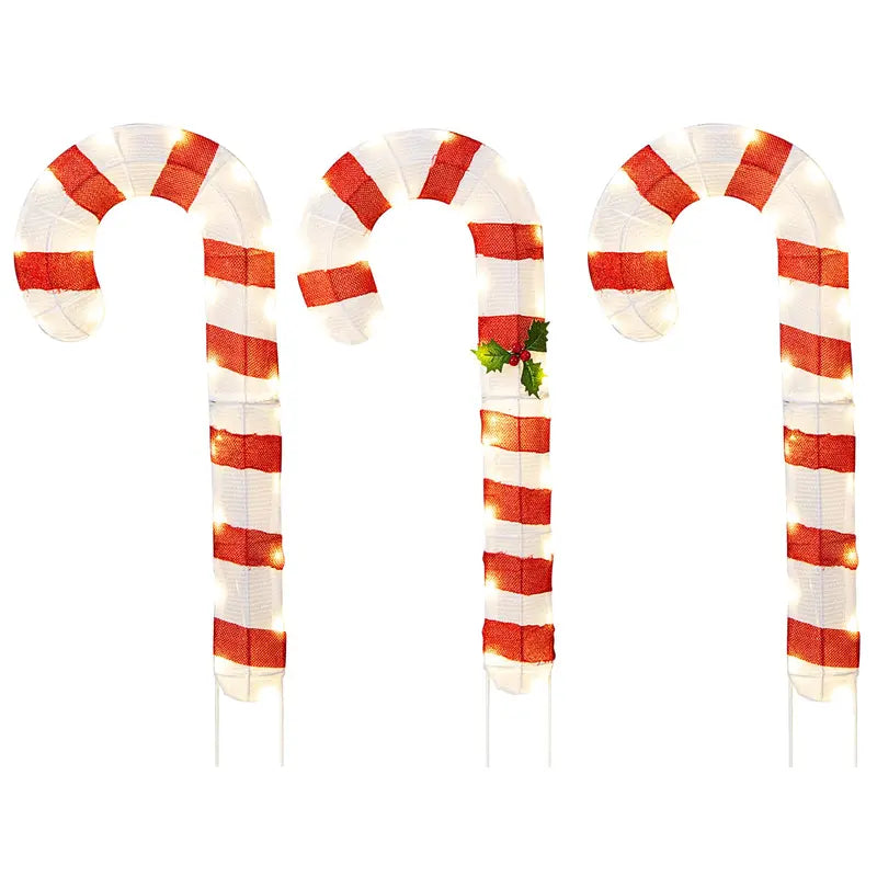 Set of 3 Lighted Candy Cane Decorations with 75 Warm White LEDs Each