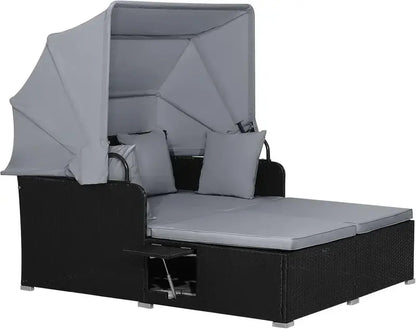 RELAX4LIFE Outdoor Wicker Daybed ¡ª Patio Sunbed with Removable Canopy &amp; Four Cushion Pillows