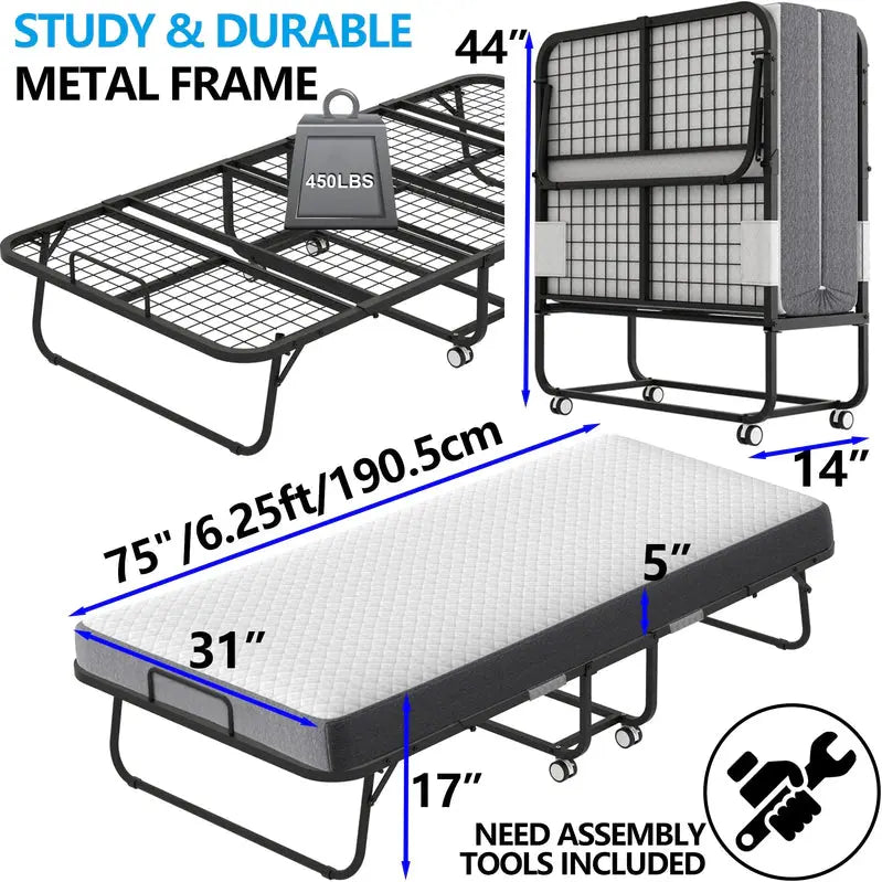 Compact Folding Cot with Mattress  75″ x 31″ Portable Bed for Guests or Temporary Use