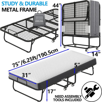 Compact Folding Cot with Mattress  75″ x 31″ Portable Bed for Guests or Temporary Use