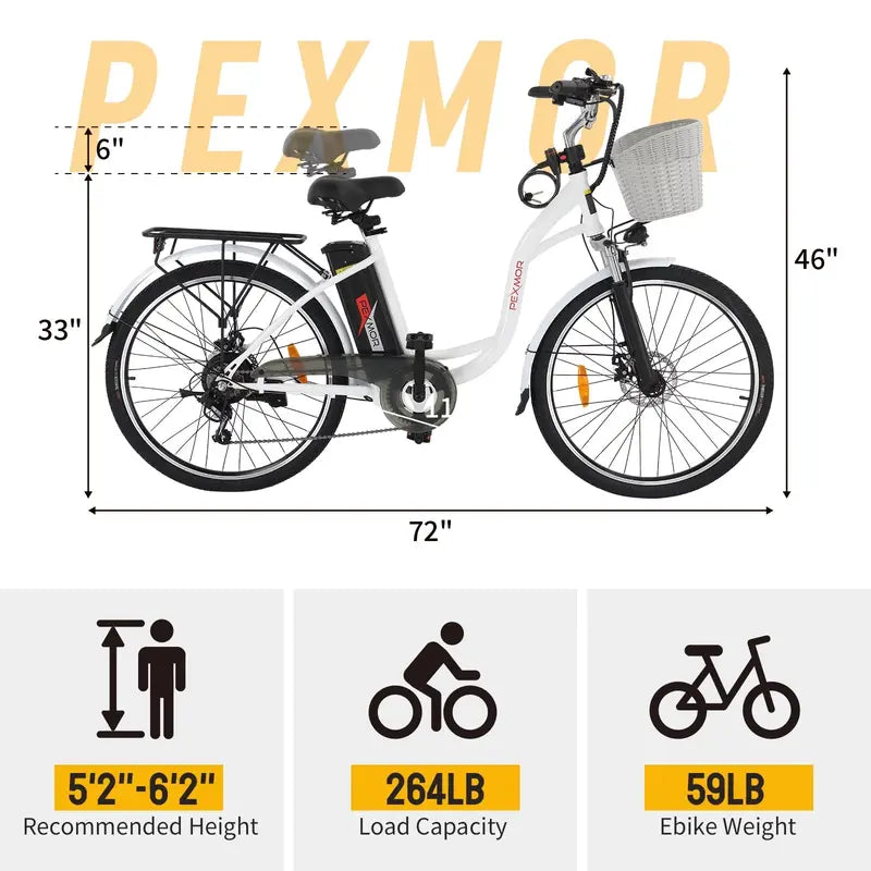 PEXMOR 26″ Cruiser Electric Bike for Adults  350W Motor, 36V 12.5Ah Removable Battery, Shimano 6-Speed, Dual Suspension & Front Basket