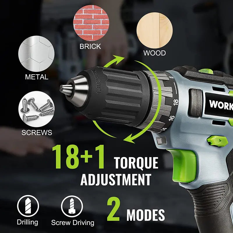 WORKPRO 20V Drill Driver Bundle: 2.0Ah Battery, 1-Hour Fast Charger & 11″ Green Tool Storage Bag