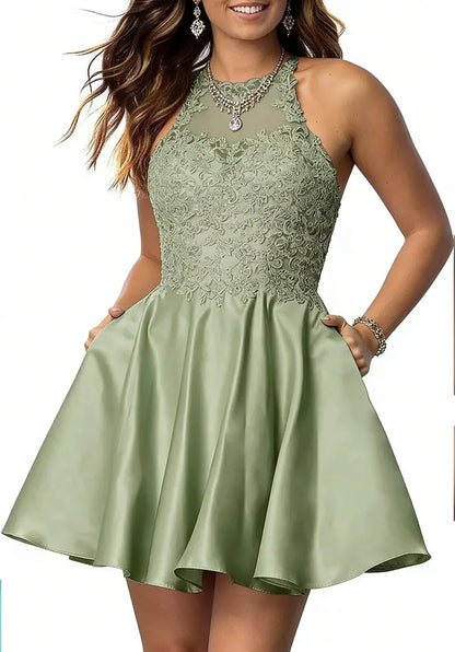Green Halter A-Line Party Dress — Lace Appliqué Detail, Functional Pockets (4 Colors)