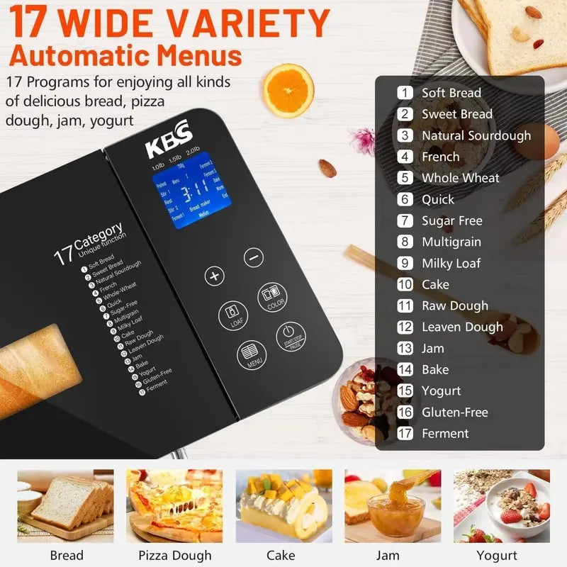 KBS 17-in-1 Stainless Steel Bread Maker with Dual Heating Elements