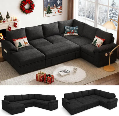 108-Inch U-Shaped Modular Sectional Sofa with Pull-Out Sleeper Bed and Customizable Layout