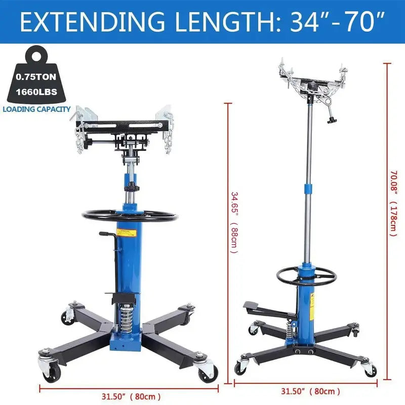 Heavy-Duty 1660-Lb Vertical Hydraulic Transmission Jack with 360° Swivel Pedal  Blue, Adjustable 33″ to 70″ Height (0.75-Ton Capacity)