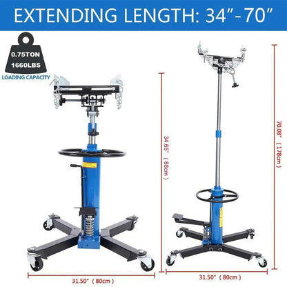 Heavy-Duty 1660-Lb Vertical Hydraulic Transmission Jack with 360° Swivel Pedal  Blue, Adjustable 33″ to 70″ Height (0.75-Ton Capacity)