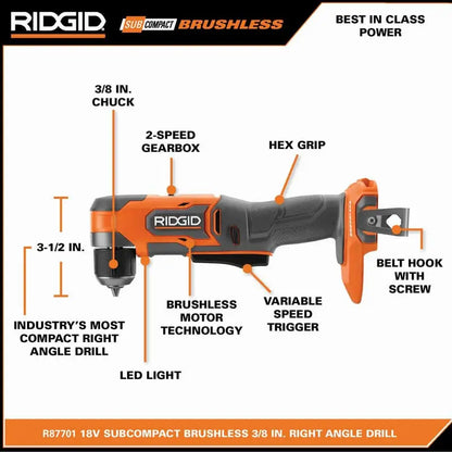 RIDGID 18V SubCompact Brushless Cordless 3/8 in. Right Angle Drill (Tool Only) R87701B