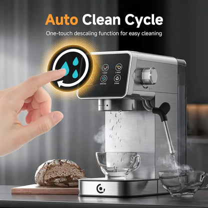 20-Bar LED Touchscreen Espresso Machine with Auto-Cleaning & Integrated Milk Frother for Cappuccinos and Lattes