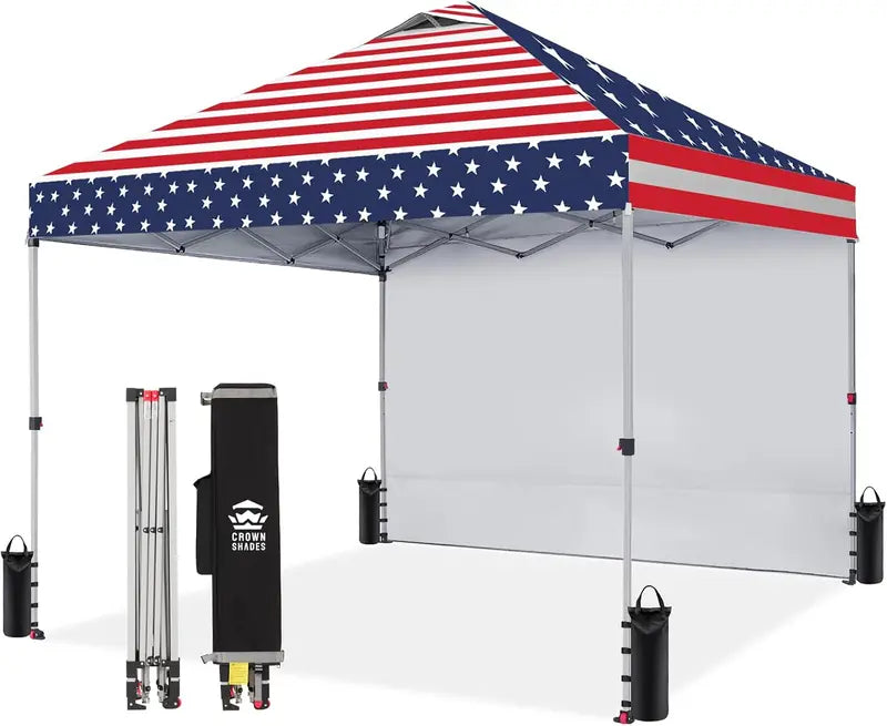 CROWN SHADES 10′ x 10′ Pop-Up Canopy with Single Sidewall: Portable Event Shelter for Parties, Campgrounds, and Outdoor Markets — Includes STO-N-Go Carry Bag