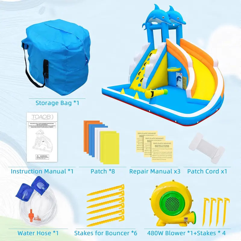 5-in-1 Inflatable Dolphin Water Play Center  Bounce House, Climbing Wall, Splash Pool, Water Cannon & Basketball Hoop for Backyard Fun