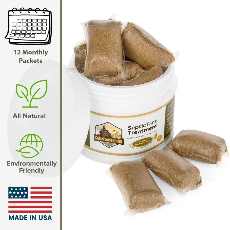 EcoSafe 12-Pack Septic Tank Treatment  1 Year Supply, Natural Flush Bacteria for Odor & Backup Prevention, Made in USA