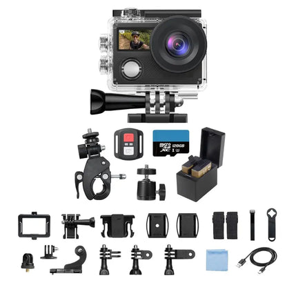 Dual-Screen 4K Action Camera Kit with Waterproof Housing, WiFi, and Mount Accessories