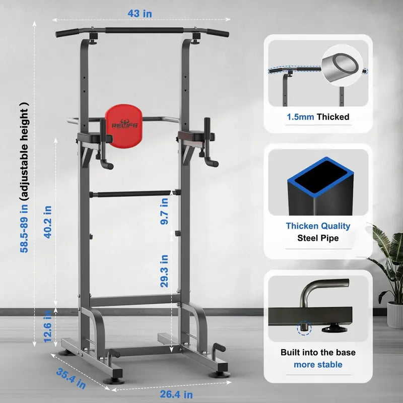 RELIFE Power Tower Pull Up Bar Station, Adjustable Heights &amp; Armrests, Supports 450 lbs, Home Gym Equipment
