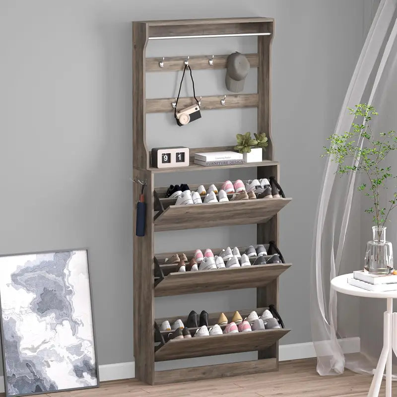 Discreet Freestanding Wood Shoe Cabinet with Three Concealed Flip Drawers