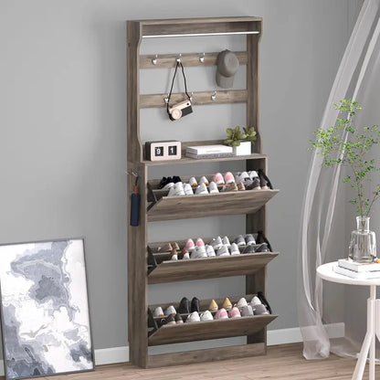 Discreet Freestanding Wood Shoe Cabinet with Three Concealed Flip Drawers