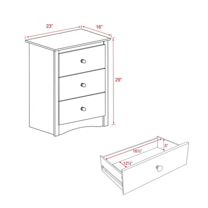 Prepac Sonoma 3-Drawer Nightstand, Black Finish, Brushed Nickel Knobs, Metal Glide Drawers