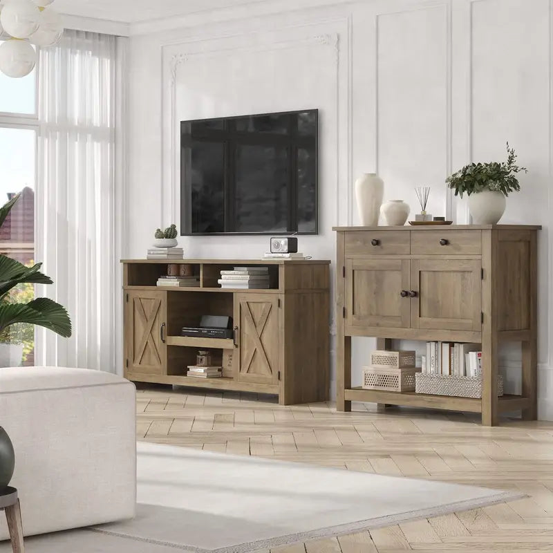 HOSTACK Farmhouse Console Table  Rustic Brown Entryway or Coffee Bar with Cabinet, Drawers & Shelf