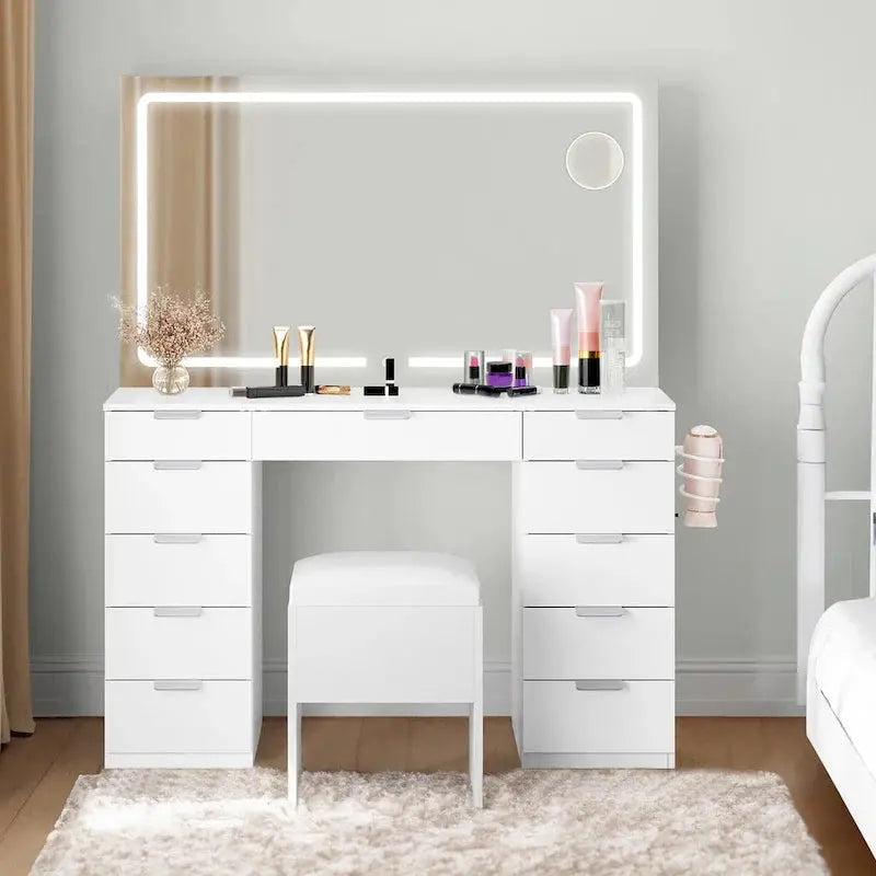 Moasis Illuminated Vanity Cabinet — 46-Inch LED Mirror, Built-in Outlet, Hair Dryer Rack, and Slim Profile