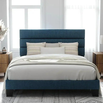 Allewie King Platform Bed Frame  Velvet-Upholstered Headboard with Solid Wood Slats
