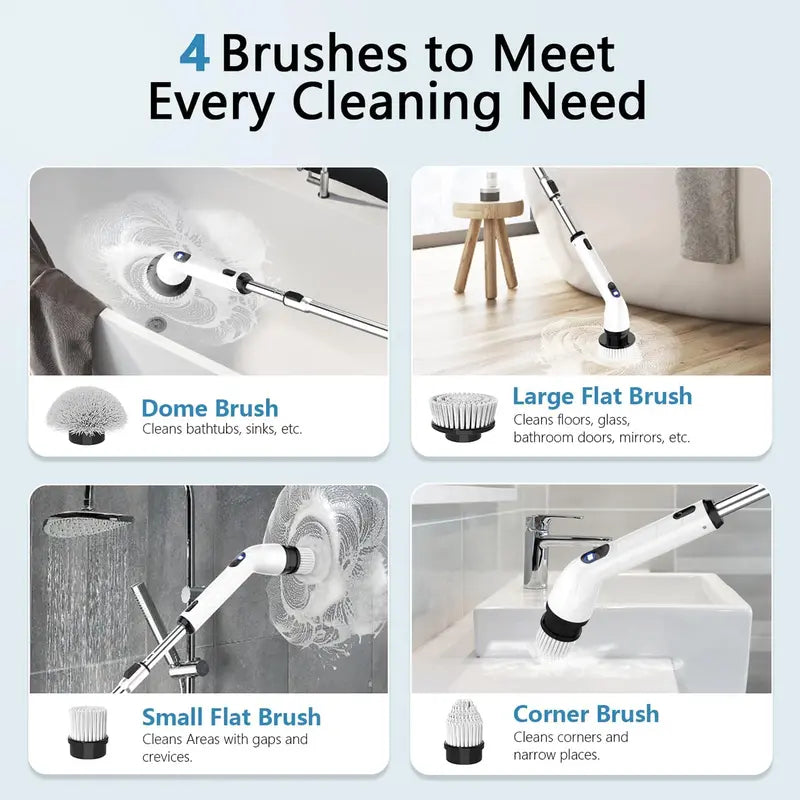 Cordless Electric Spin Scrubber  IPX7 Waterproof Bathroom Cleaner with LCD Display, Adjustable Telescoping Handle, Multi-Surface Brush Kit