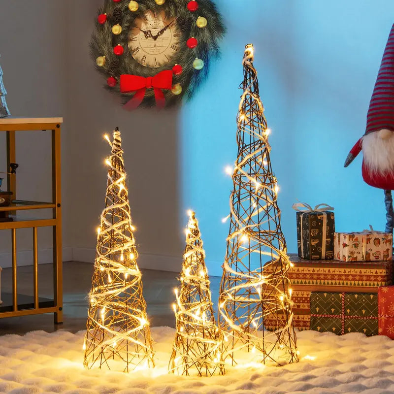 Set of Three Tapered Indoor Christmas Cone Trees ¡ª 32¡å, 24¡å, and 16¡å with Warm White LED Lights