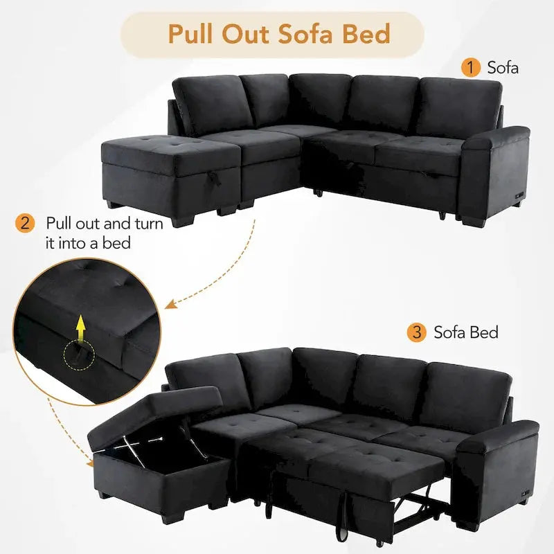 L-Shaped 5-Seat Sleeper Sectional Sofa  84.75-Inch Modular Design with Hidden Arm Storage, Ottoman with Compartment, and Dual USB Charging Ports