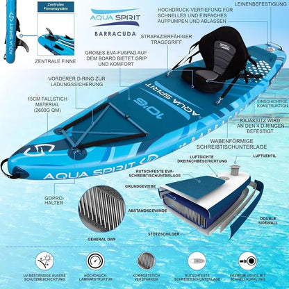 Aqua Spirit Inflatable SUP Board  320 x 81 x 15 cm Stand-Up Paddleboard with Full Accessory Kit (Paddle, Seat, Backpack, Pump)  Blue