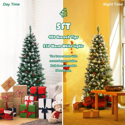 5-Foot Pre-Lit Slim Pencil Christmas Tree with Realistic Snow-Flocked Design
