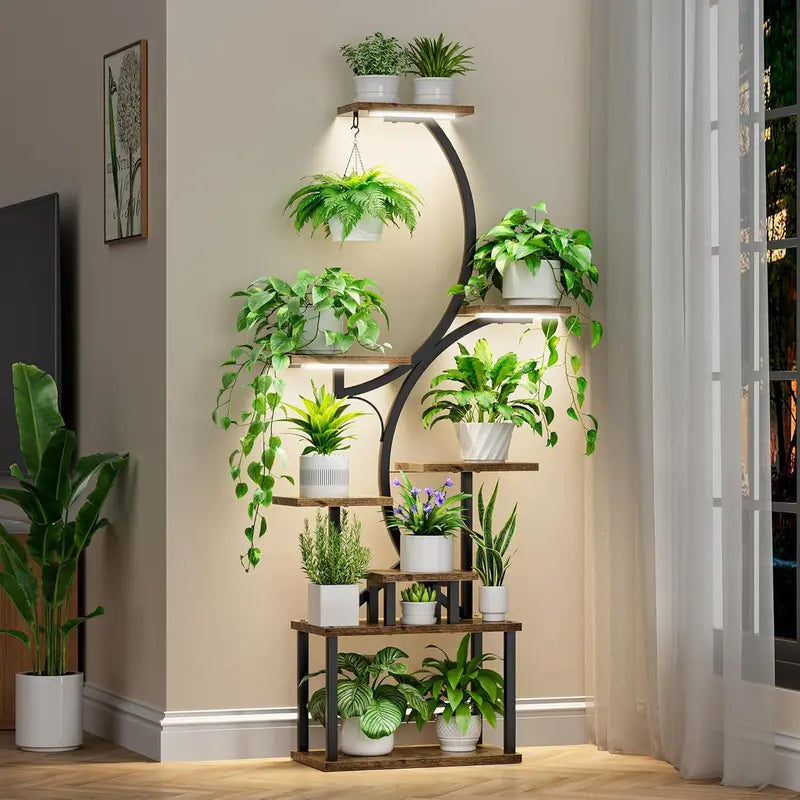 BACEKOLL 8-Tier Indoor Plant Stand  157 cm Tall Metal Shelf with Integrated Grow Lights & S-Shaped Design