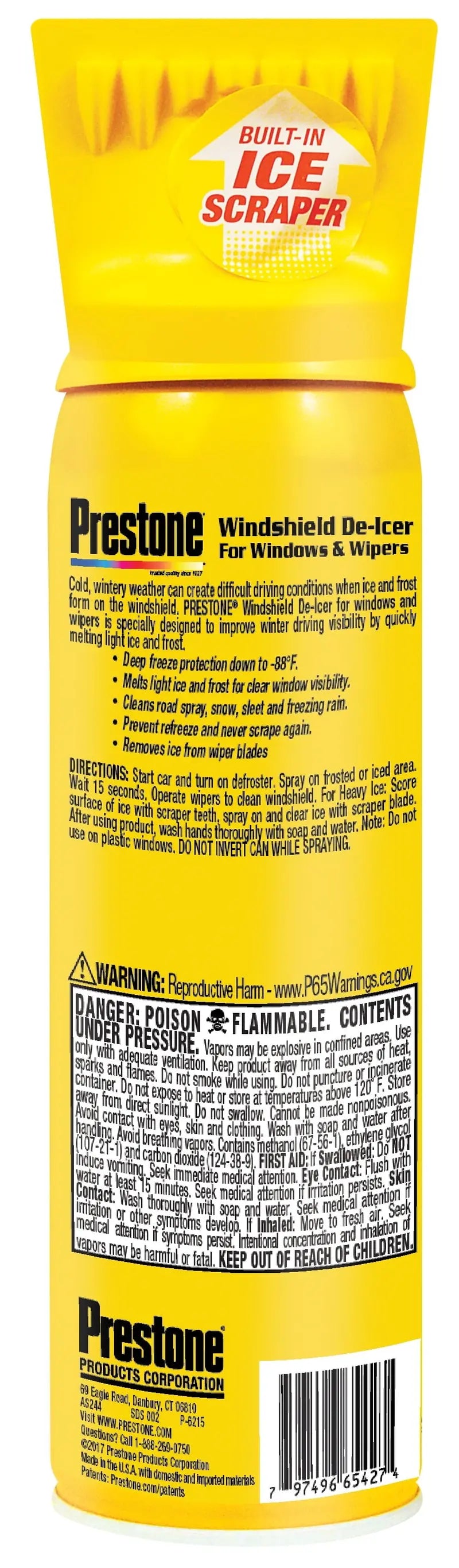 Prestone 17 oz Windshield De-Icer Spray & Ice Scraper  Fast Melting, Safe for Glass & Paint