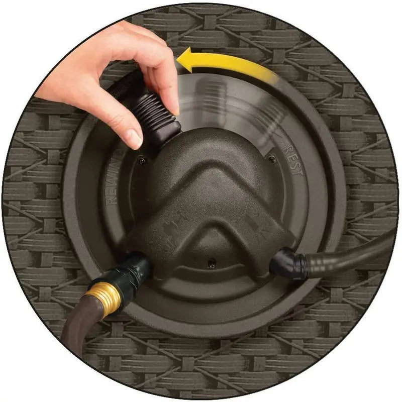 Suncast Aquawinder 125′ Retractable Garden Hose Reel  Water-Powered, Wicker-Style, Portable & Hands-Free