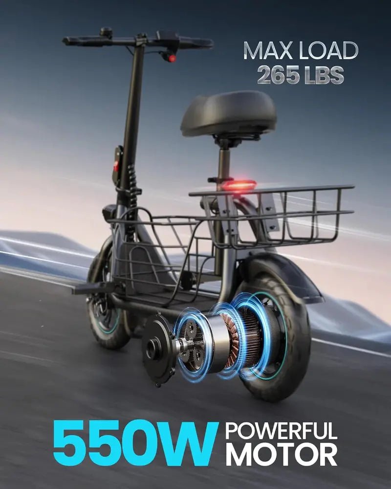 550W Electric Scooter with Front Basket  Commuter-Friendly E-Scooter for Urban Travel