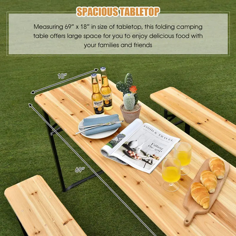 Three-Piece Folding Picnic Table and Bench Set with Wooden Top (70″ Total)