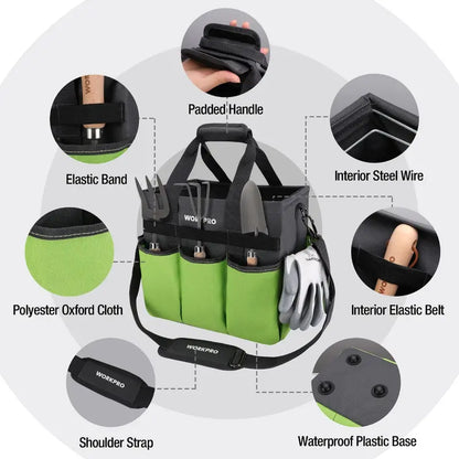 WORKPRO Heavy-Duty Stand-Up Garden Tote Bag  10 Organized Pockets & Adjustable Strap