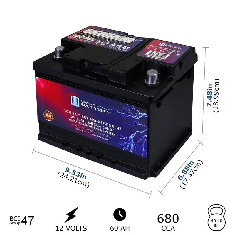 MM-H5 AGM Automotive Battery  12V, 60Ah, 100RC, 680 CCA, Group Size 47