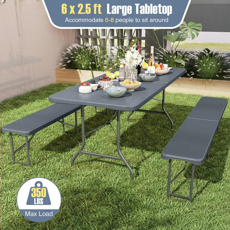6-Foot Portable Picnic Set — HDPE Wood-Grain Folding Table & Benches (3-Piece)