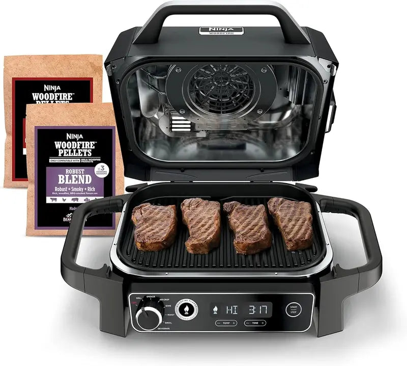 7-in-1 Portable Electric Grill & Smoker: Air Fryer, BBQ, Bake, Roast, Broil + Built-in Thermometer (Grey)