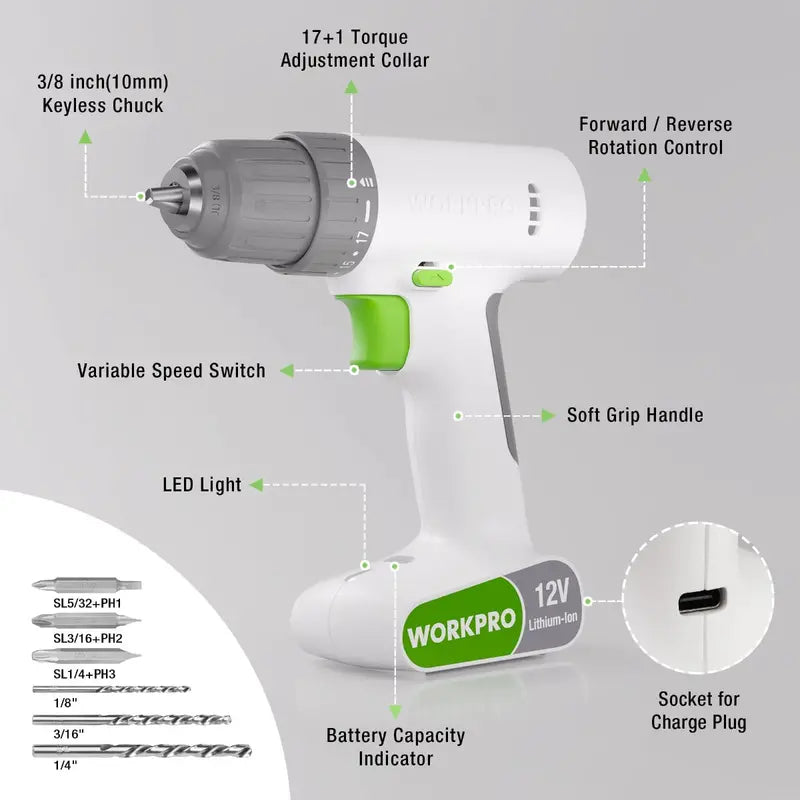 WORKPRO 12V Cordless Drill Driver  3/8″ Keyless Chuck, 18-Torque Settings & 6 Bits